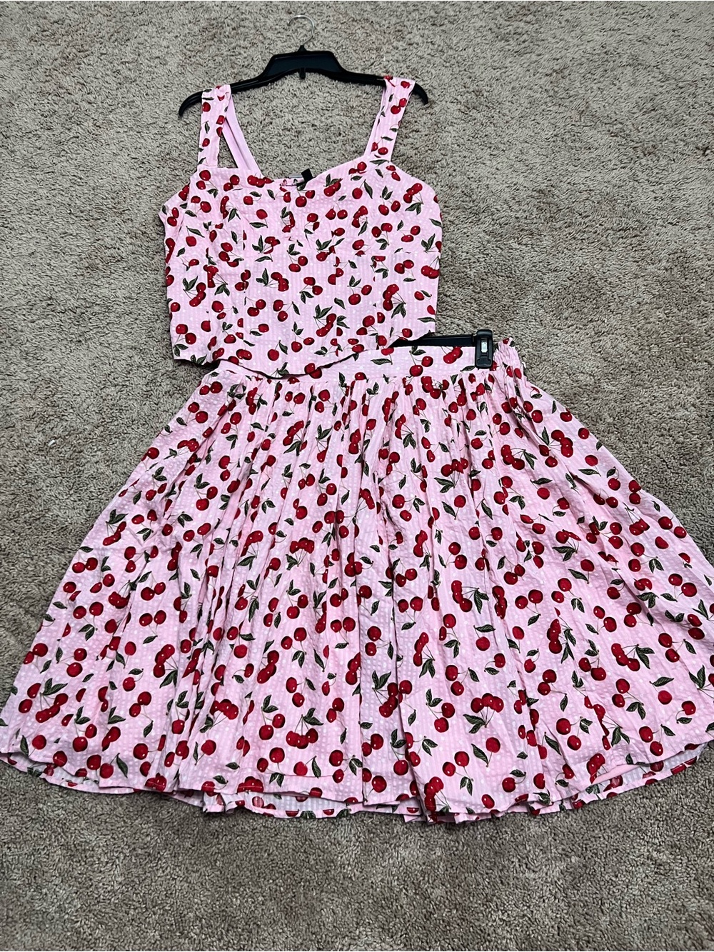 Retro Chic Pink Cherry Print Tank & Full Skirt Set